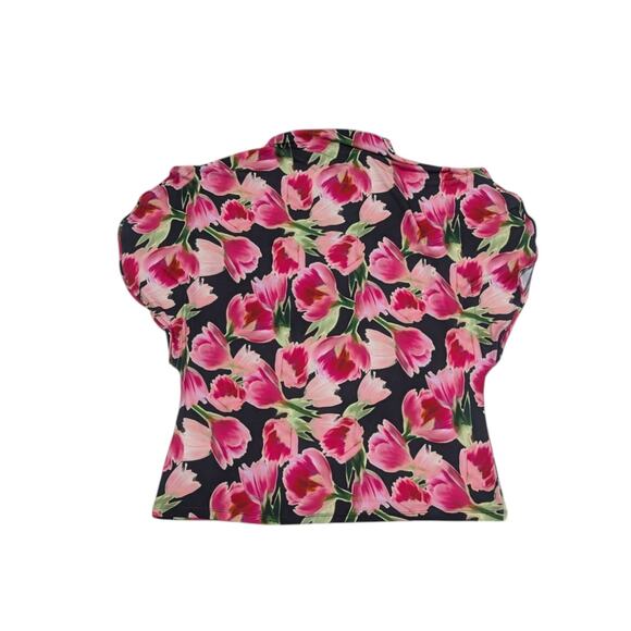 Halston Floral Printed Blouse Split Sleeve Mock Neck Short Sleeve Black Pink XL - Picture 1 of 5